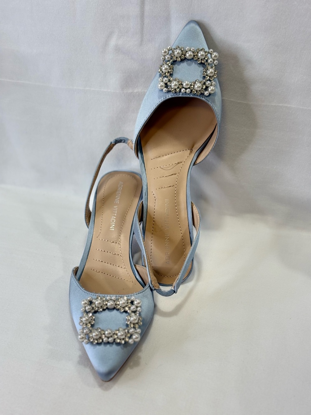 ADRIENNE VITTADINI Blue Satin Pointed-Toe Kitten Slingbacks Crystal Buckle SZ 6